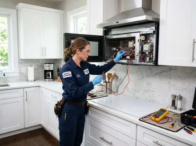 Appliance Repair Hero technician testing an over-the-range microwave in a Battletown, KY kitchen